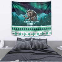 Green Christmas tapestry with Grýla folklore scene and Nordic pattern