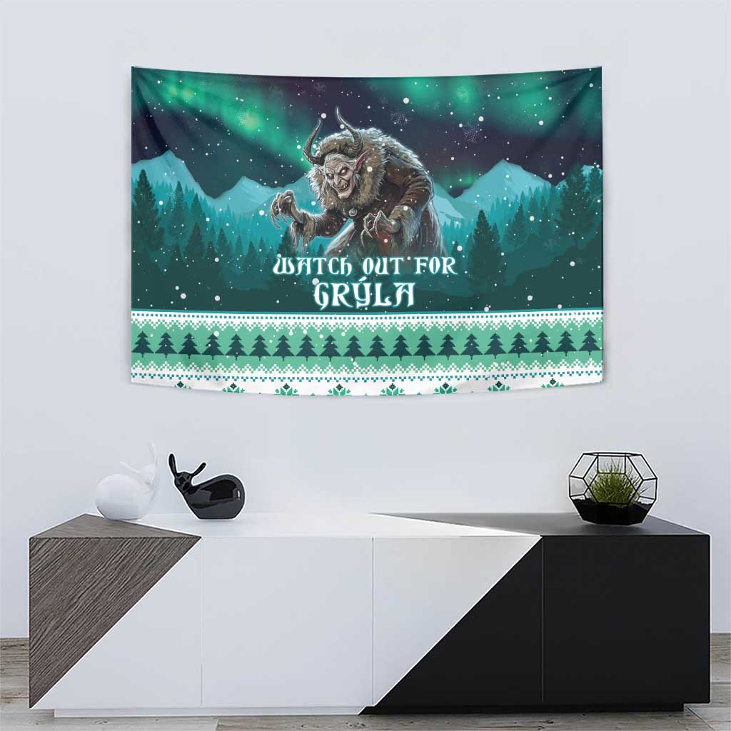 Green Christmas tapestry with Grýla folklore print