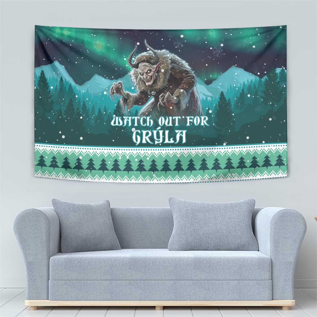 Green Icelandic folklore tapestry with Grýla and Watch Out for Grýla text