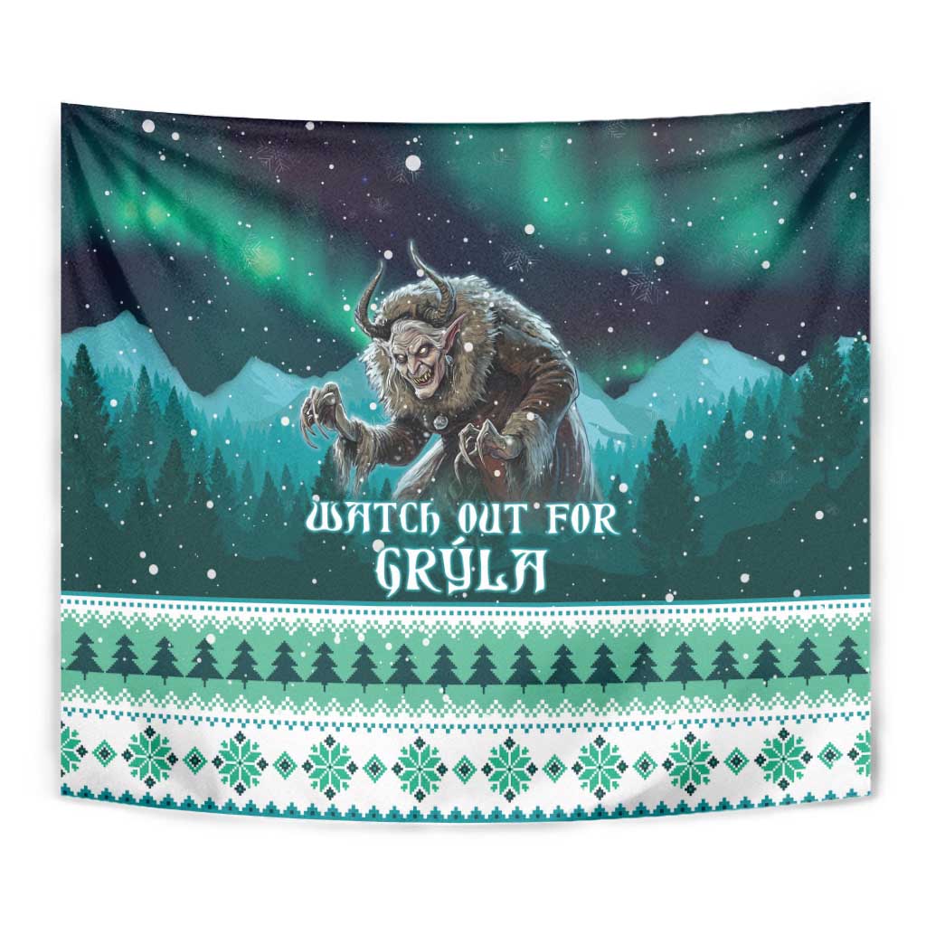 Christmas tapestry with Grýla artwork, aurora sky, mountains, and winter pattern