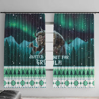 Green and dark blue Christmas window curtain with Gryla illustration and winter tree border