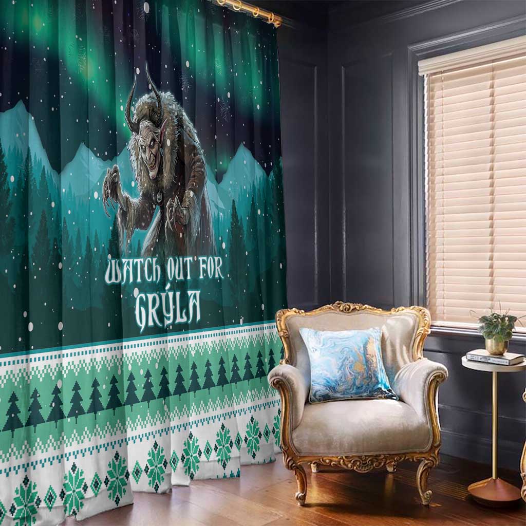 Green and dark blue curtain panel with starry sky, Gryla artwork, and pine-pattern hem