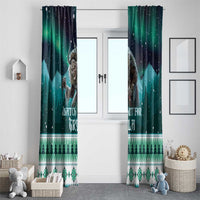 Green and dark blue Christmas curtain pair with Gryla illustration and festive Nordic striping