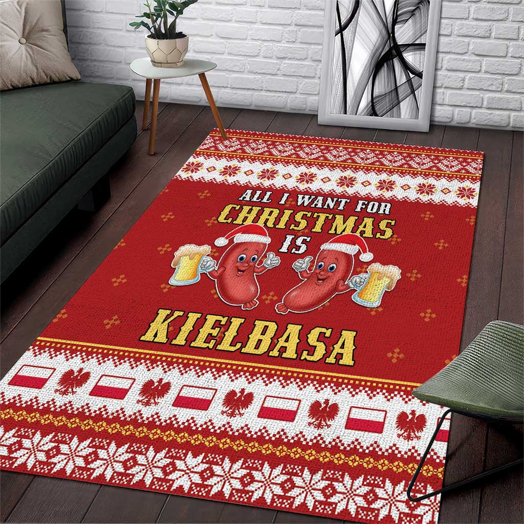 Red Christmas area rug with 'All I Want for Christmas is Kielbasa' sausage graphics
