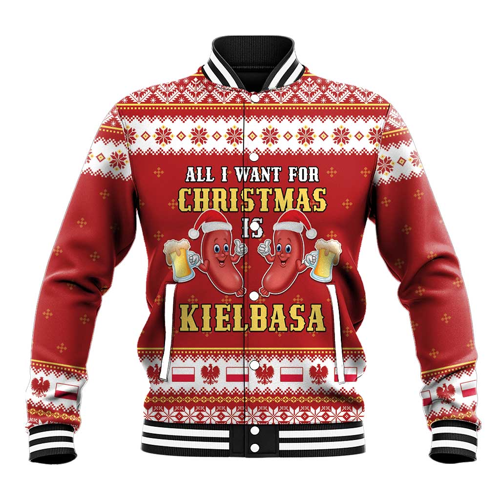 Red unisex baseball jacket with white festive pattern, kielbasa graphic, black-and-white rib trim