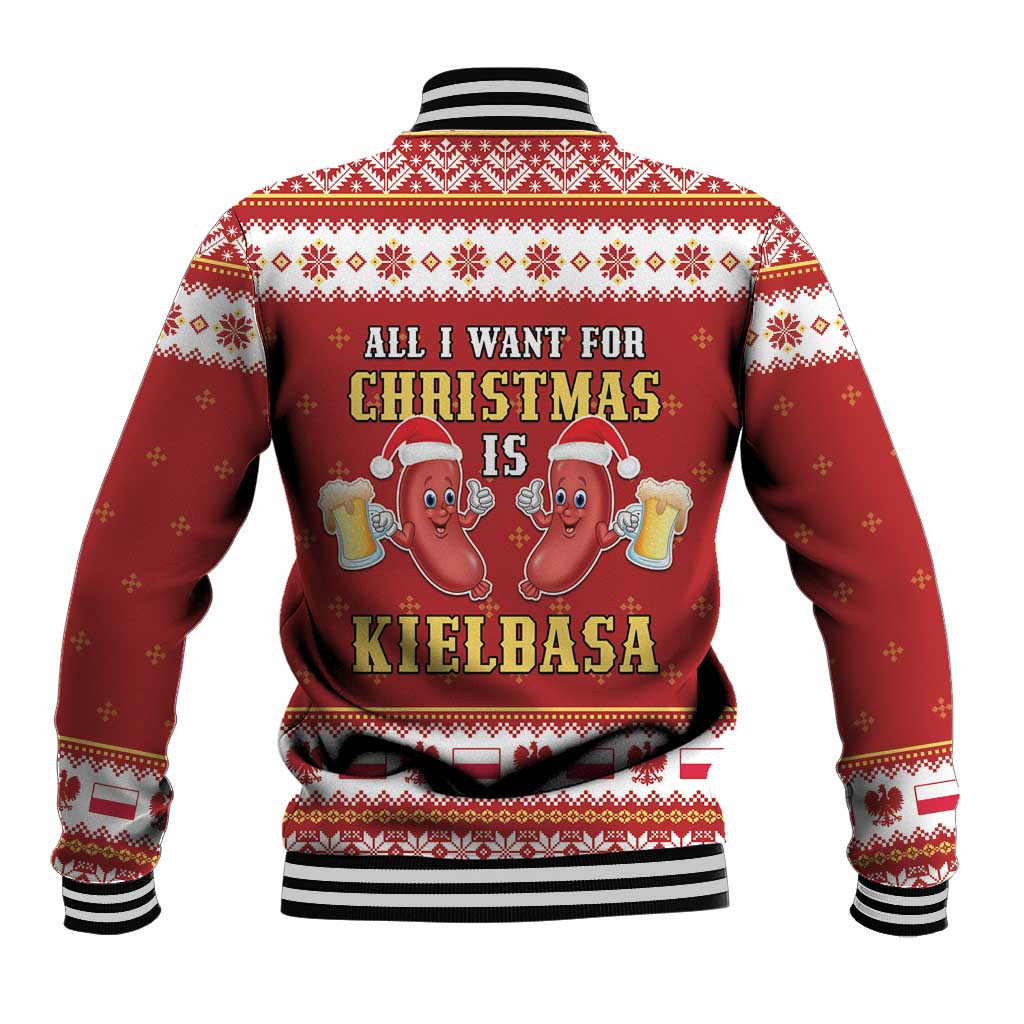 Red unisex baseball jacket back view with white festive pattern, kielbasa text graphic, rib trim