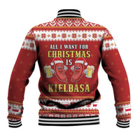 Red unisex baseball jacket back view with white festive pattern, kielbasa text graphic, rib trim