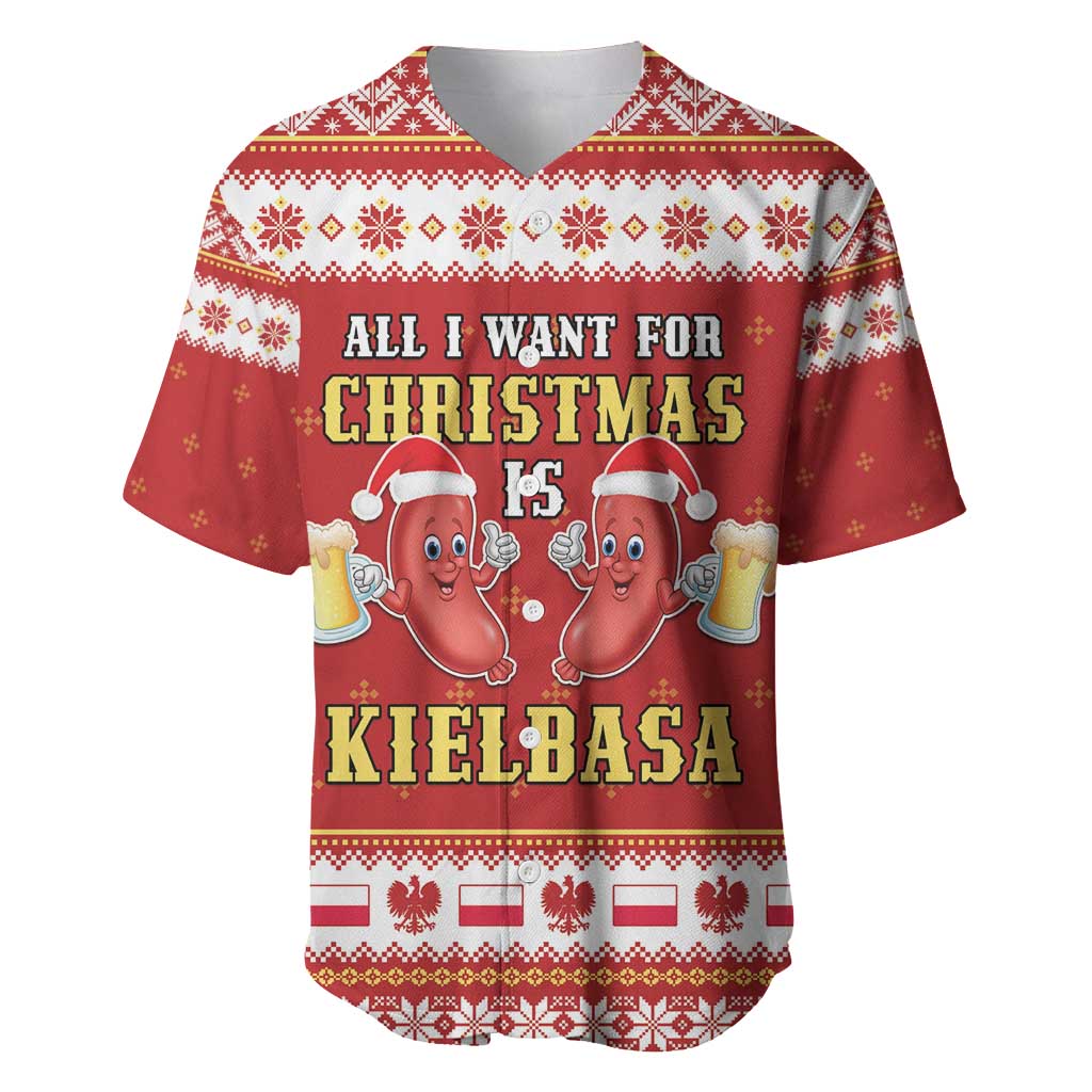 Red Christmas baseball jersey with Kielbasa holiday graphic and text