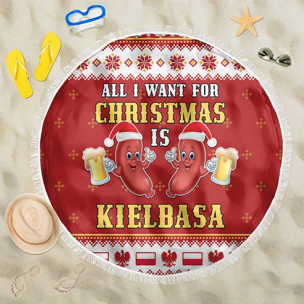 Red round beach blanket with white fringe, festive sausage and beer graphic
