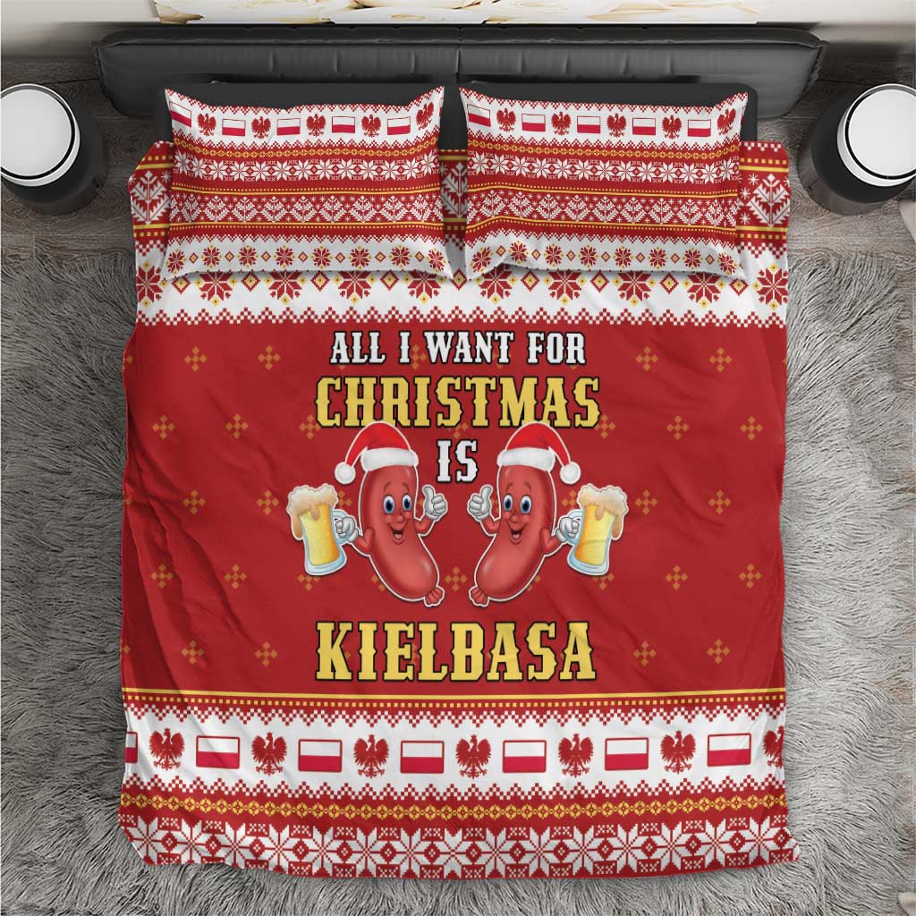 Red Christmas bedding set: duvet and two pillowcases with kielbasa holiday text