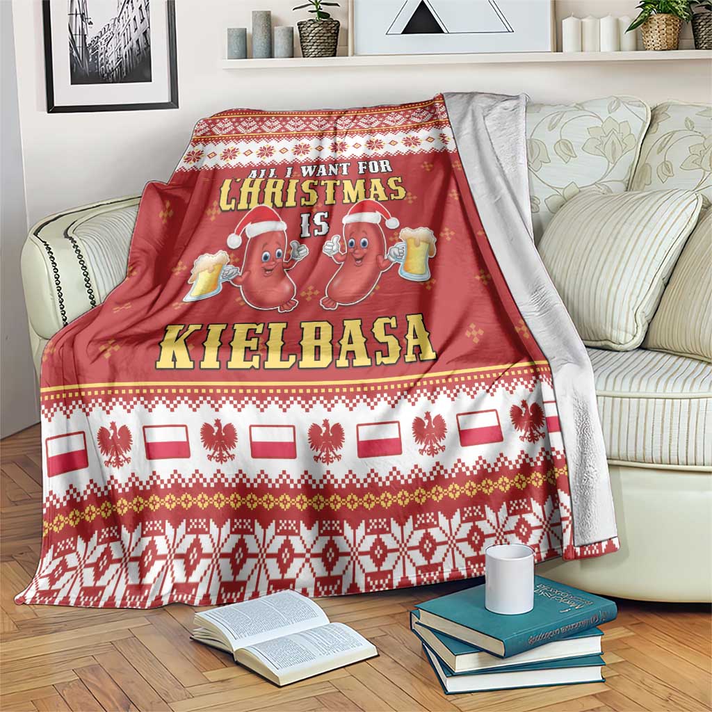 Red Christmas blanket with kielbasa cartoon graphic and patterned border