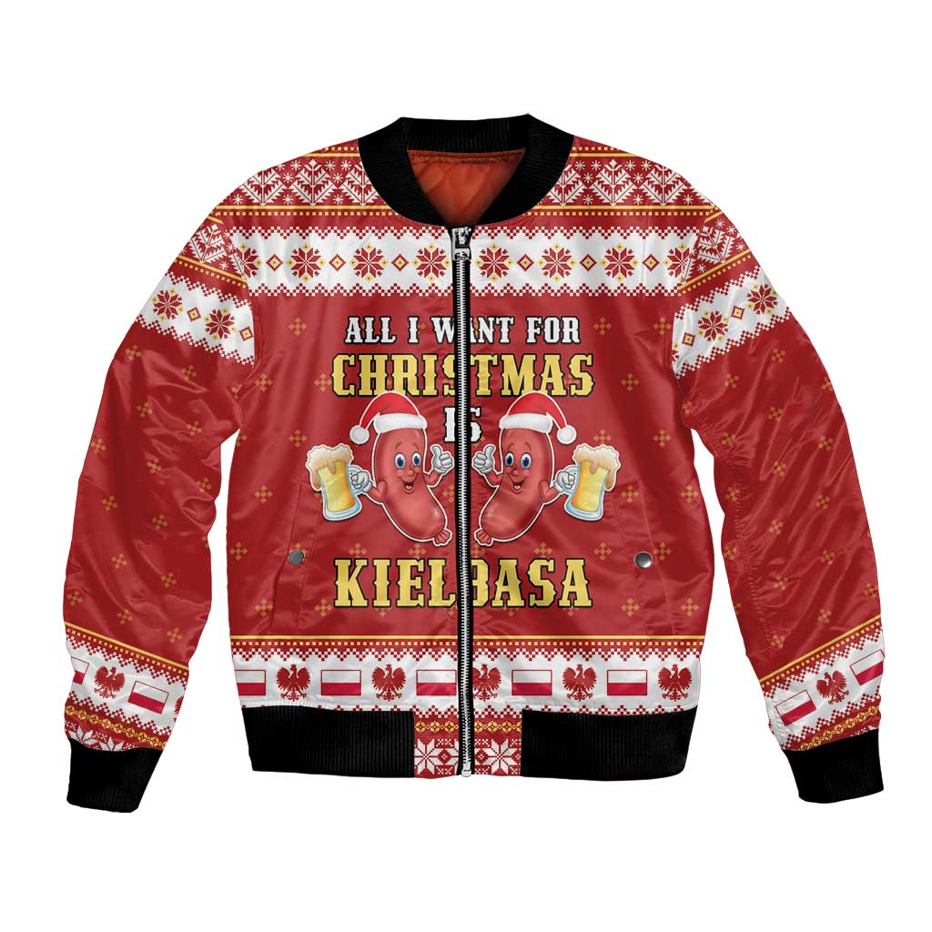 Red unisex bomber jacket with festive pattern, cartoon pigs, and text 'Kielbasa'.
