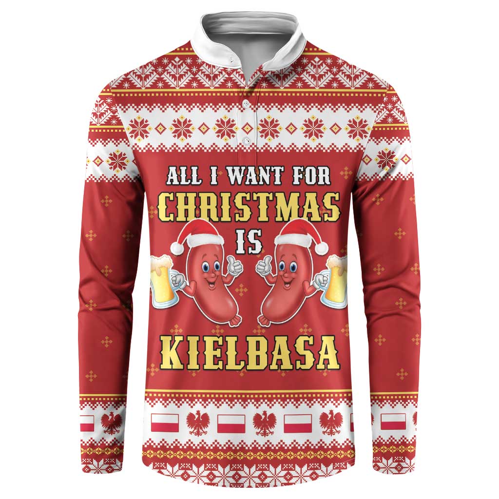 Red holiday button sweatshirt with white yoke, full front graphic and ribbed collar
