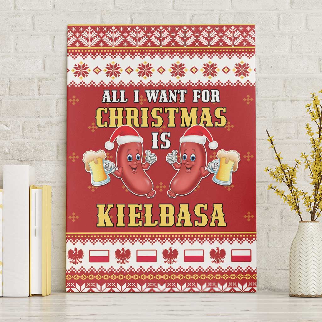 Framed red canvas wall art with Christmas slogan, sausage characters, beer mugs, and border