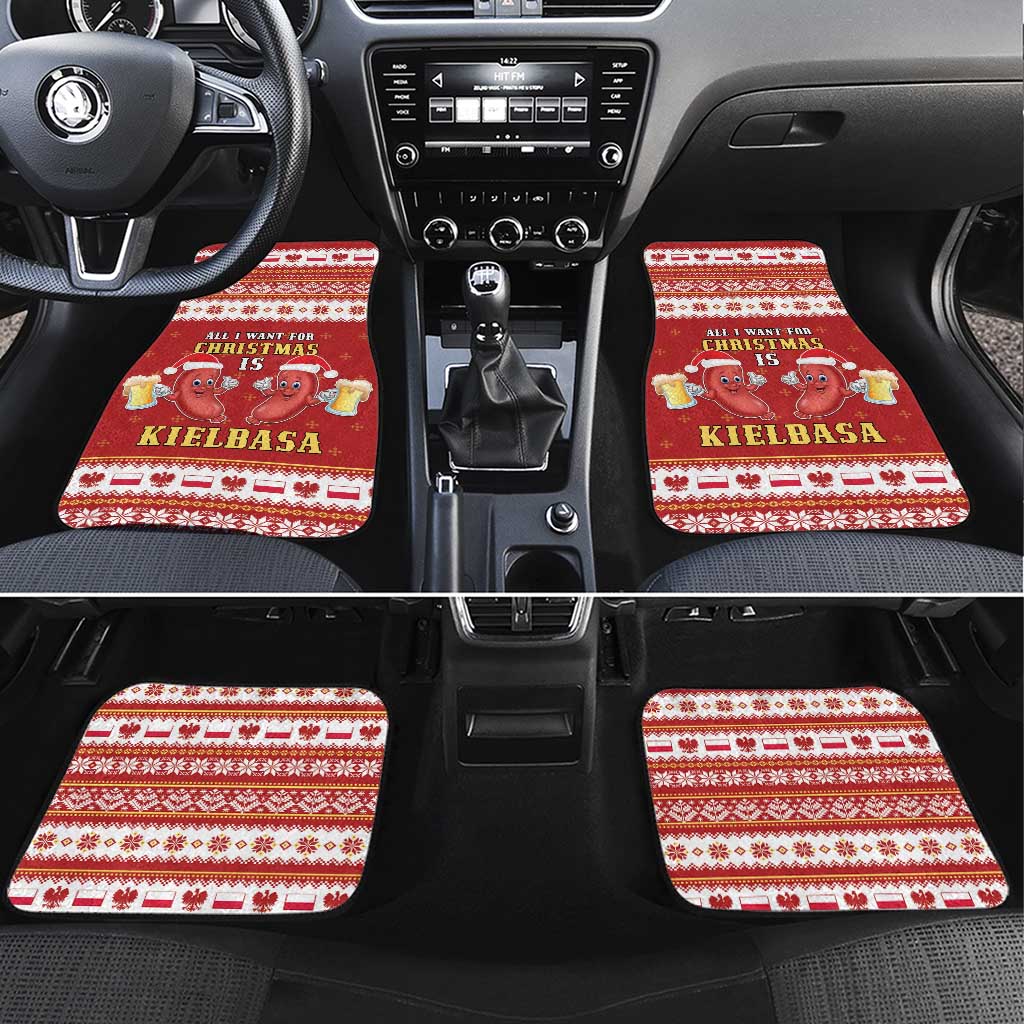 Red Christmas car floor mats with festive pattern and “KIELBASA” text, set of 2 front mats