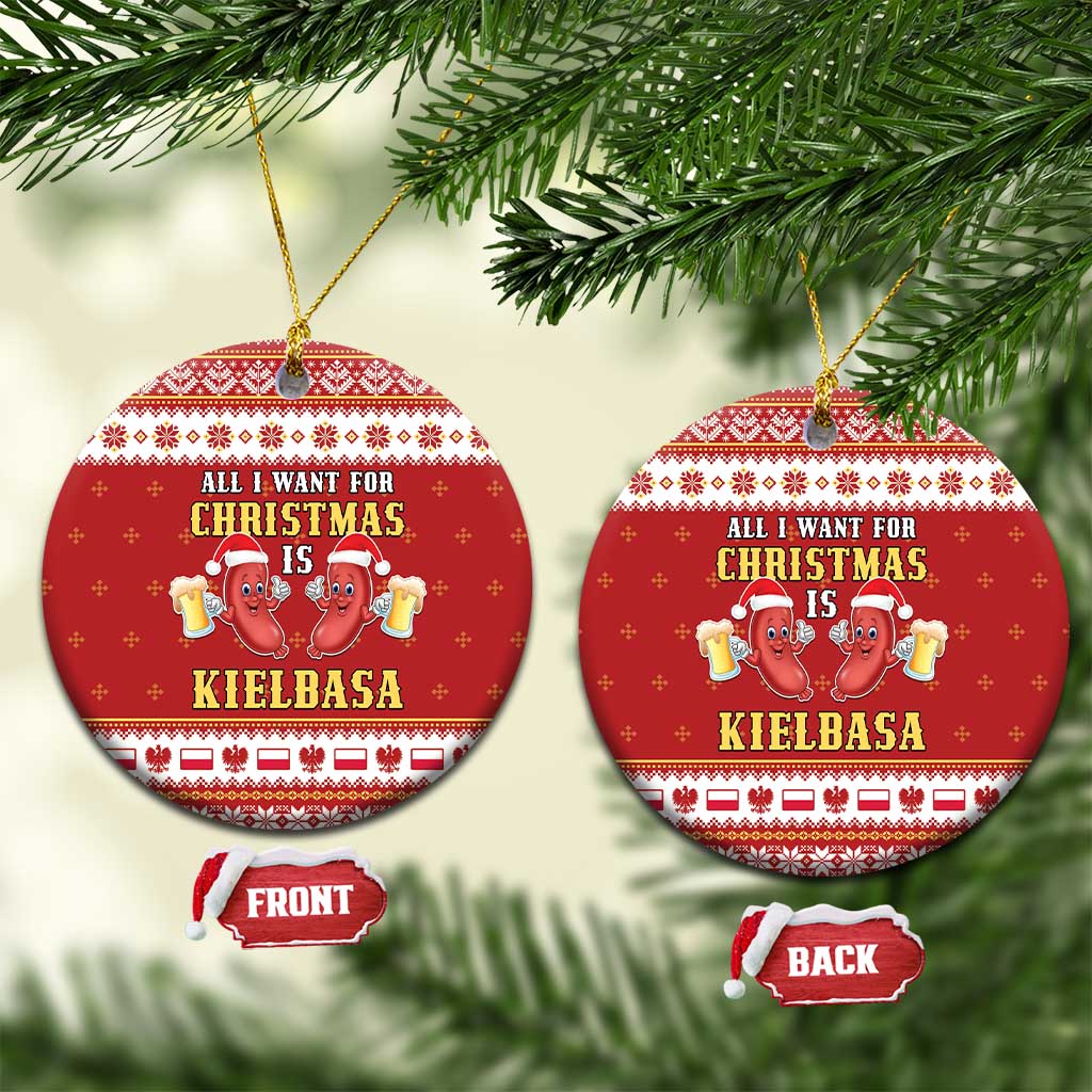 Red ceramic Christmas ornament with gold loop, front text and kielbasa graphic.