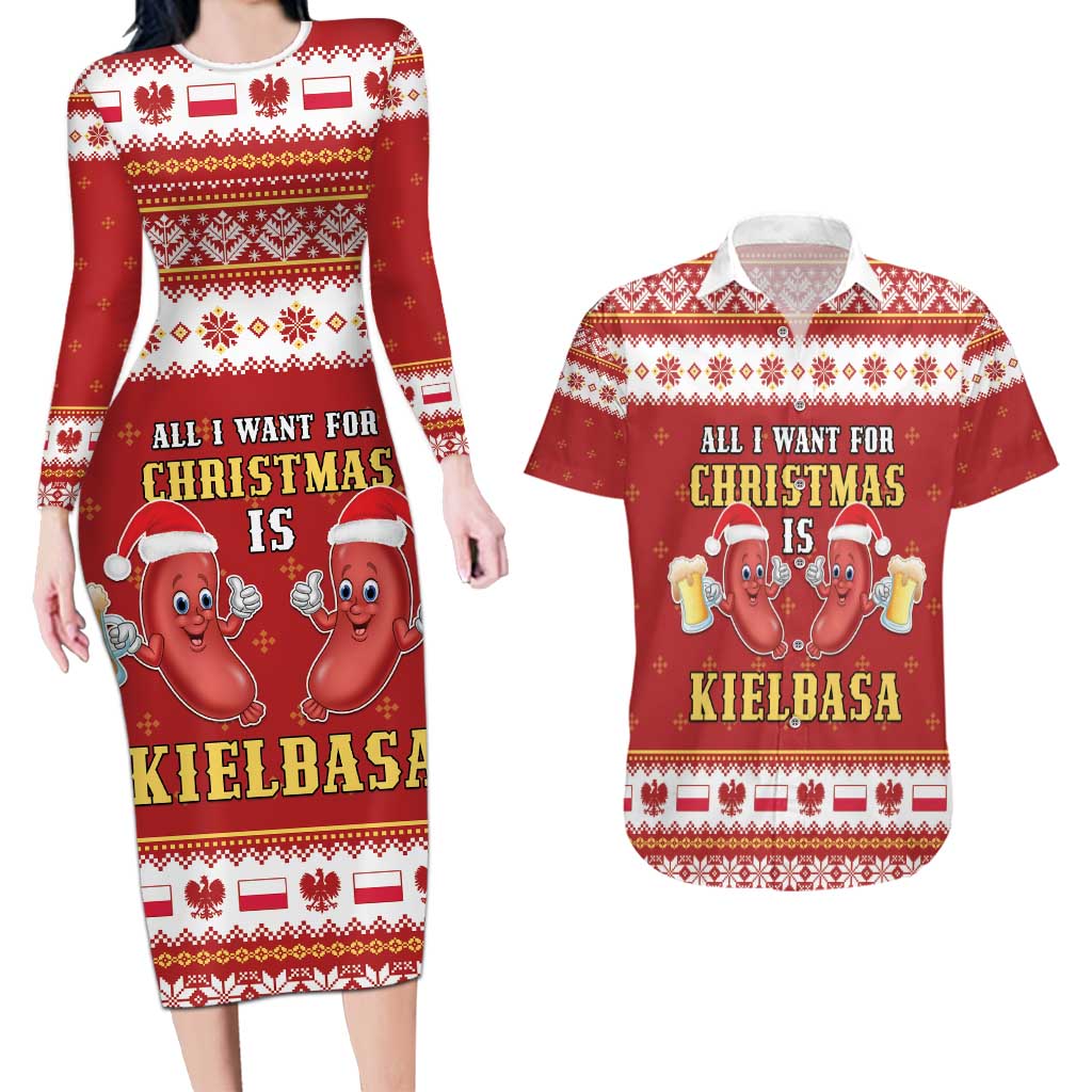 Poland Christmas Couples Matching Long Sleeve Bodycon Dress and Hawaiian Shirt All I Want For Xmas Is Kielbasa LT05 - Wonder Print Shop