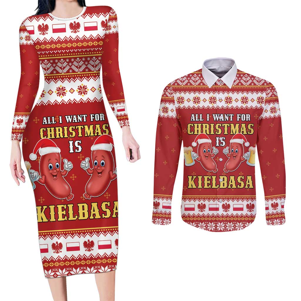 Poland Christmas Couples Matching Long Sleeve Bodycon Dress and Long Sleeve Button Shirt All I Want For Xmas Is Kielbasa LT05 - Wonder Print Shop