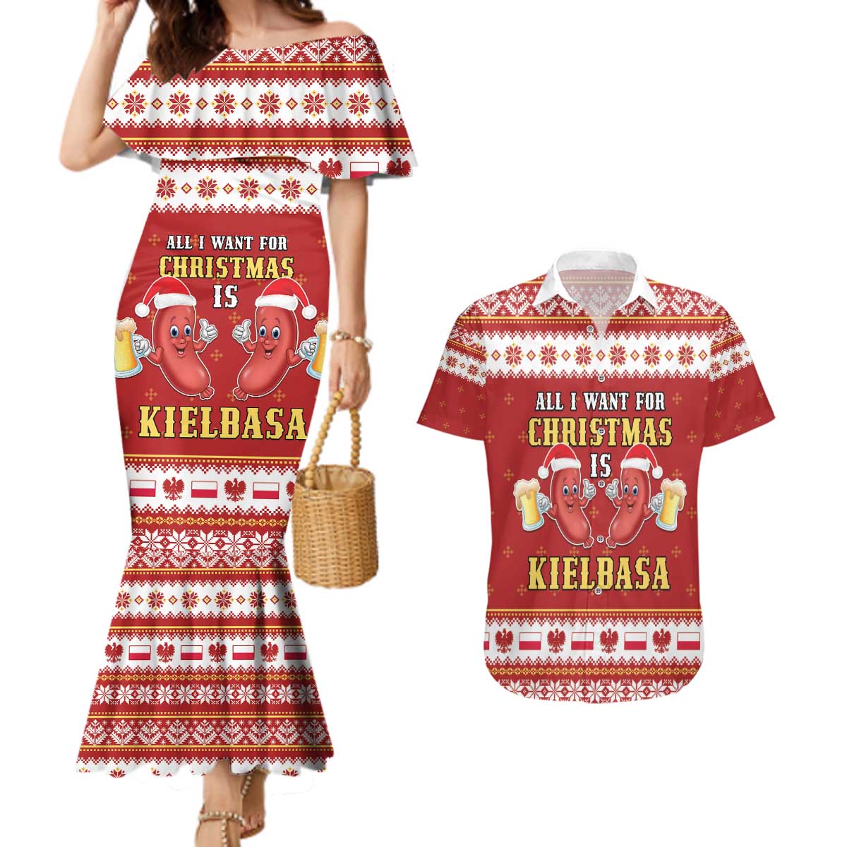 Poland Christmas Couples Matching Mermaid Dress and Hawaiian Shirt All I Want For Xmas Is Kielbasa LT05 - Wonder Print Shop