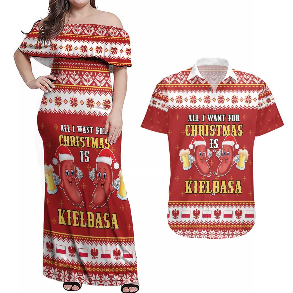 Poland Christmas Couples Matching Off Shoulder Maxi Dress and Hawaiian Shirt All I Want For Xmas Is Kielbasa LT05 - Wonder Print Shop