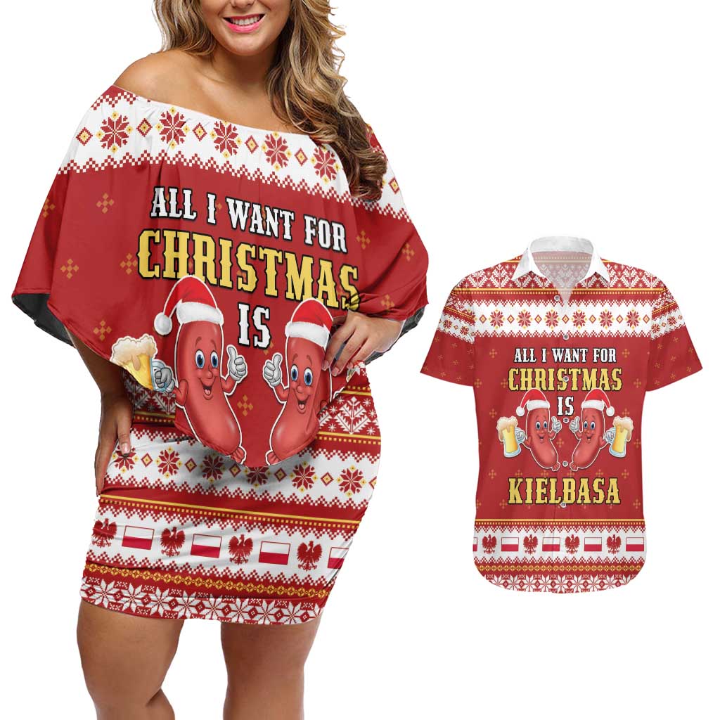 Poland Christmas Couples Matching Off Shoulder Short Dress and Hawaiian Shirt All I Want For Xmas Is Kielbasa LT05 - Wonder Print Shop