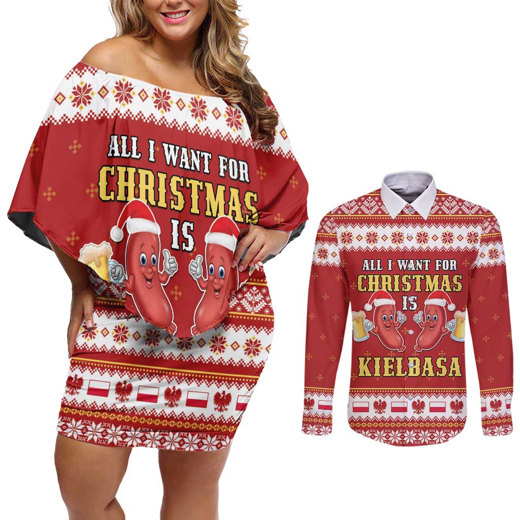 Poland Christmas Couples Matching Off Shoulder Short Dress and Long Sleeve Button Shirt All I Want For Xmas Is Kielbasa LT05 - Wonder Print Shop