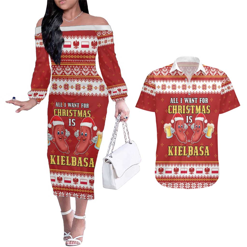 Poland Christmas Couples Matching Off The Shoulder Long Sleeve Dress and Hawaiian Shirt All I Want For Xmas Is Kielbasa LT05 - Wonder Print Shop