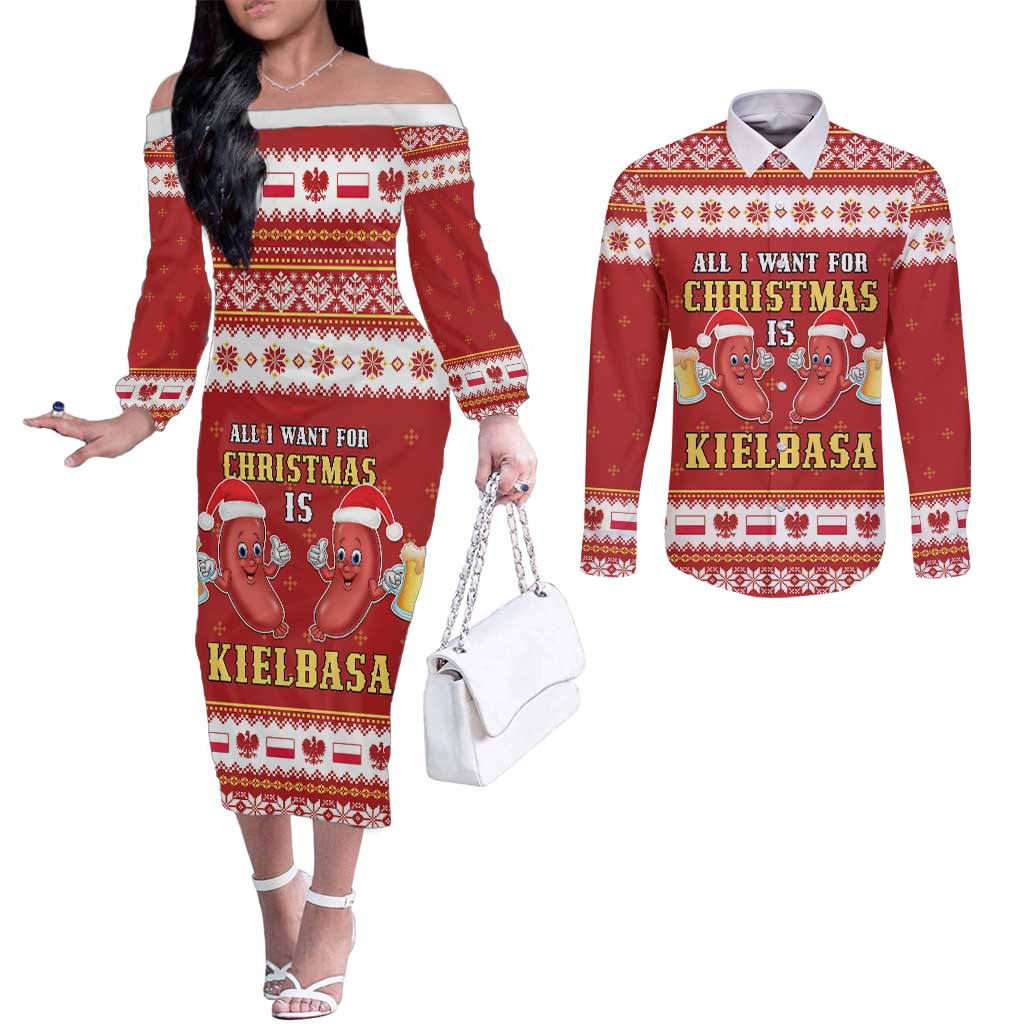 Poland Christmas Couples Matching Off The Shoulder Long Sleeve Dress and Long Sleeve Button Shirt All I Want For Xmas Is Kielbasa