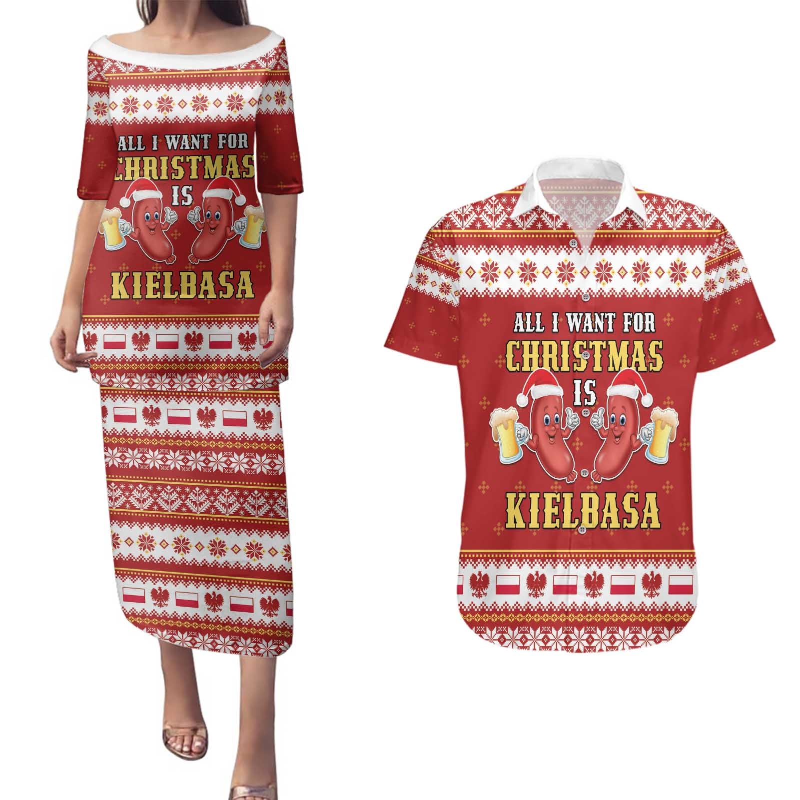 Poland Christmas Couples Matching Puletasi and Hawaiian Shirt All I Want For Xmas Is Kielbasa LT05 - Wonder Print Shop