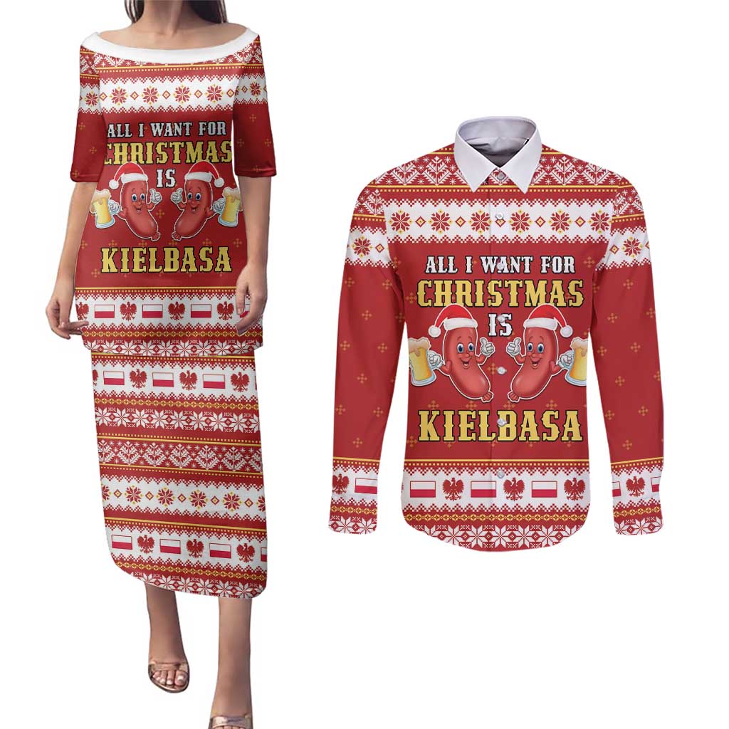 Poland Christmas Couples Matching Puletasi and Long Sleeve Button Shirt All I Want For Xmas Is Kielbasa LT05 - Wonder Print Shop