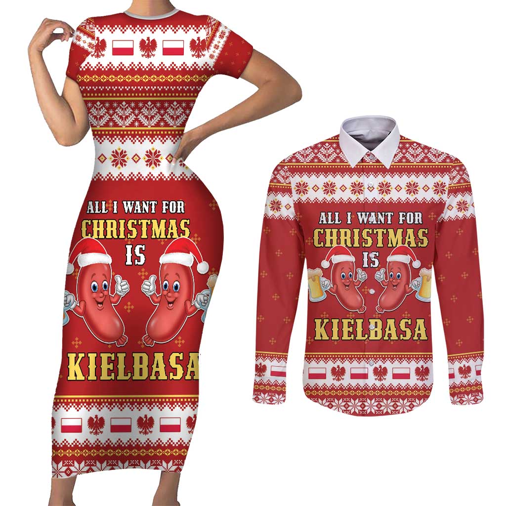 Poland Christmas Couples Matching Short Sleeve Bodycon Dress and Long Sleeve Button Shirt All I Want For Xmas Is Kielbasa LT05 - Wonder Print Shop