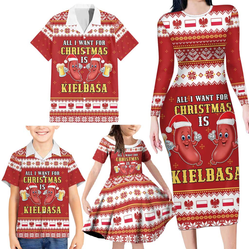 Poland Christmas Family Matching Long Sleeve Bodycon Dress and Hawaiian Shirt All I Want For Xmas Is Kielbasa LT05 - Wonder Print Shop