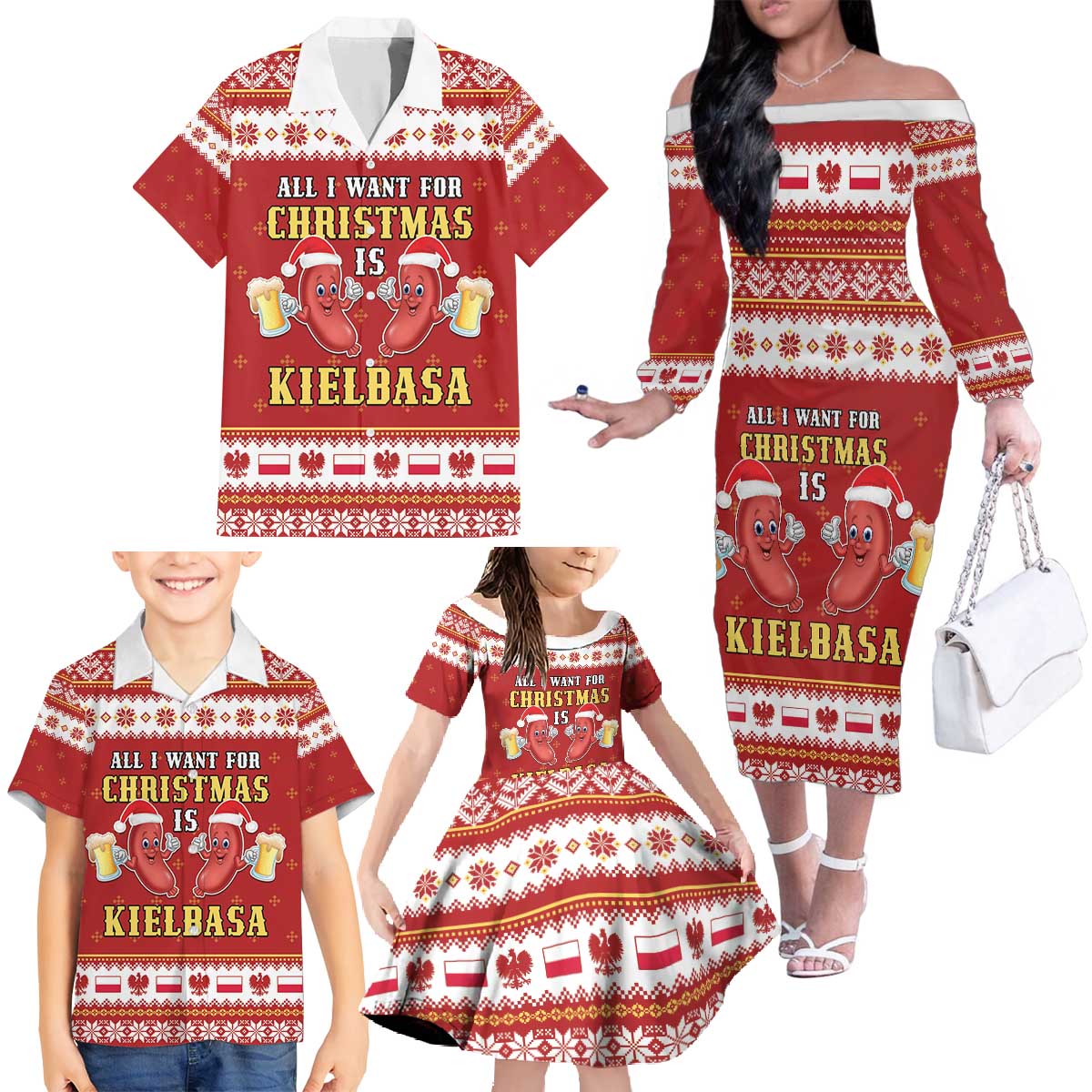 Poland Christmas Family Matching Off The Shoulder Long Sleeve Dress and Hawaiian Shirt All I Want For Xmas Is Kielbasa LT05 - Wonder Print Shop