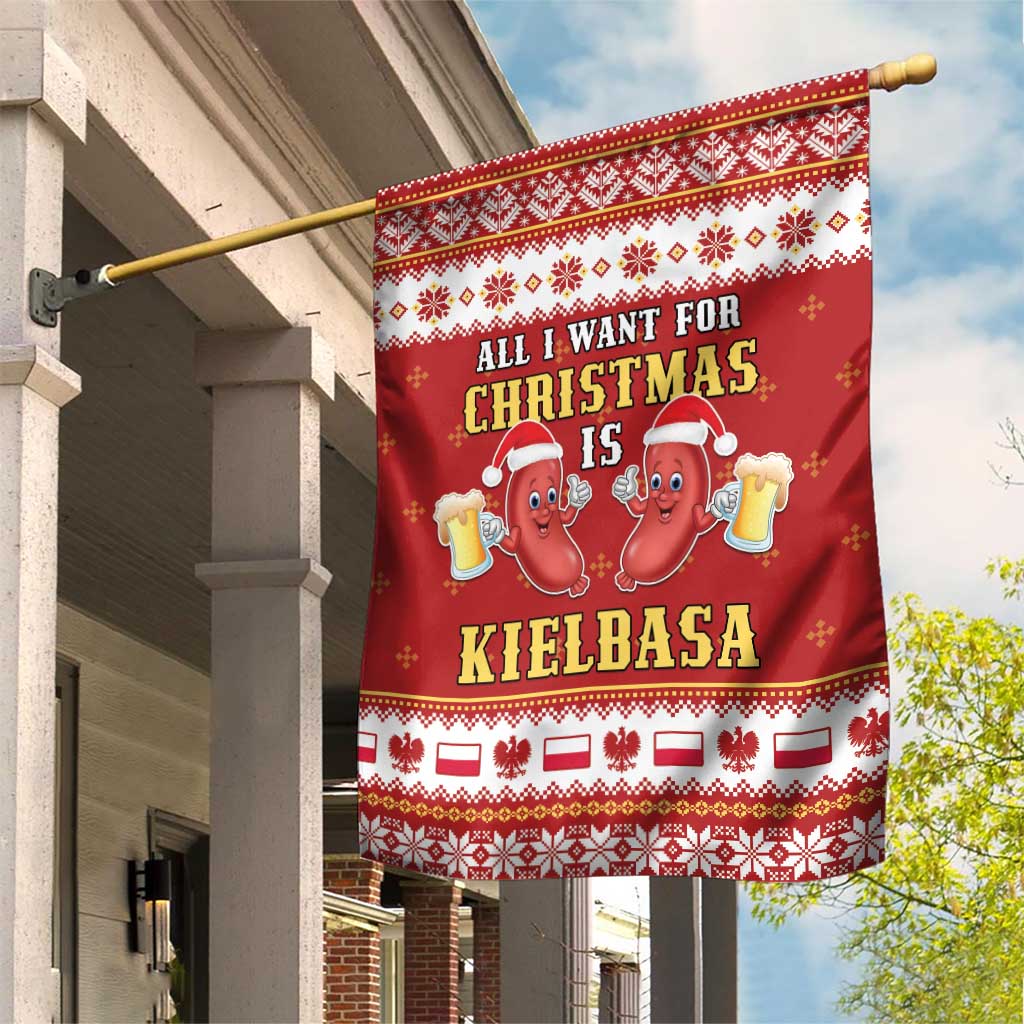 Red Christmas garden flag: 'All I Want For Christmas Is Kielbasa' with cartoon sausages