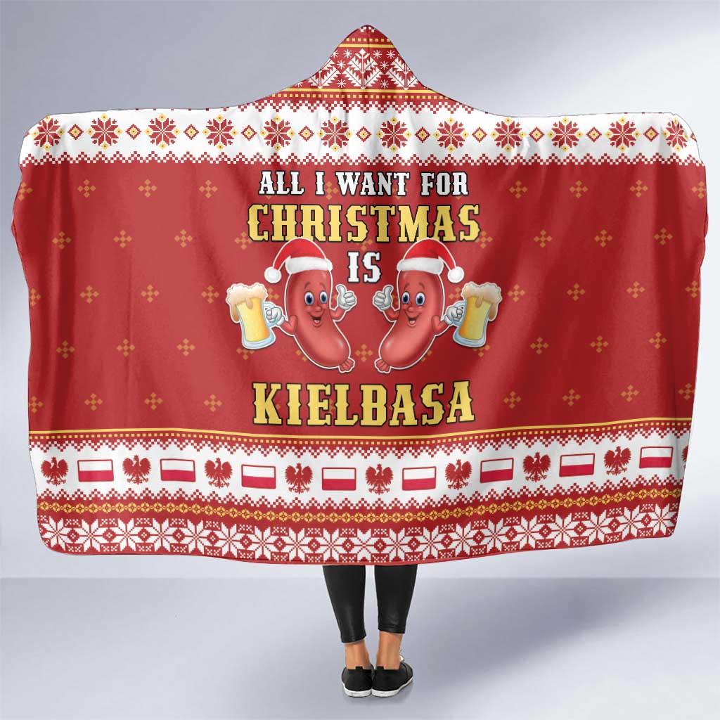 Red hooded Christmas blanket with festive pattern and bold 'KIELBASA' text