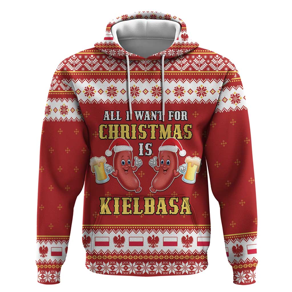 Red pullover hoodie with colorful Christmas sausage graphic and KIELBASA text