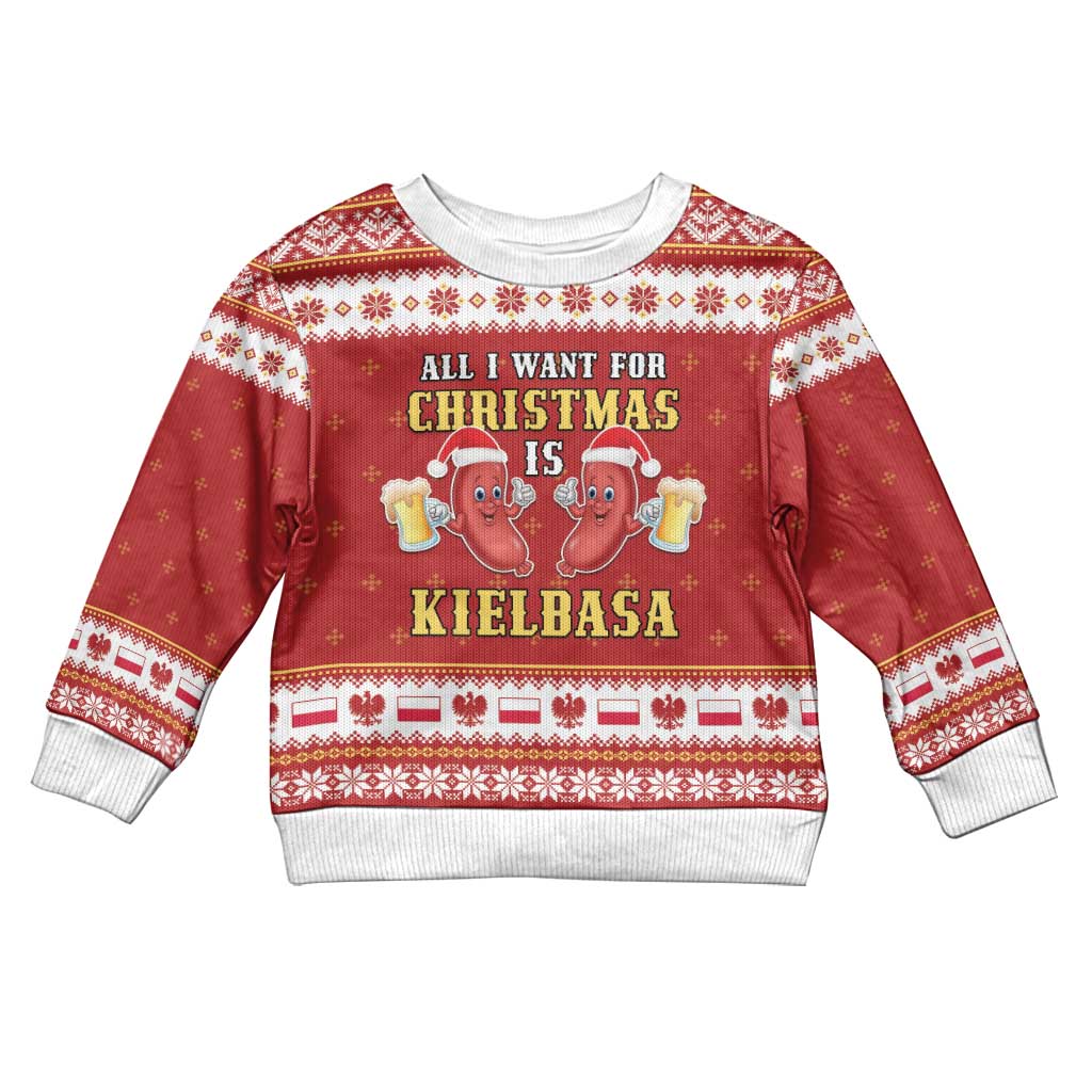 Kids red ugly Christmas sweater with “All I want for Christmas is Kielbasa” graphic
