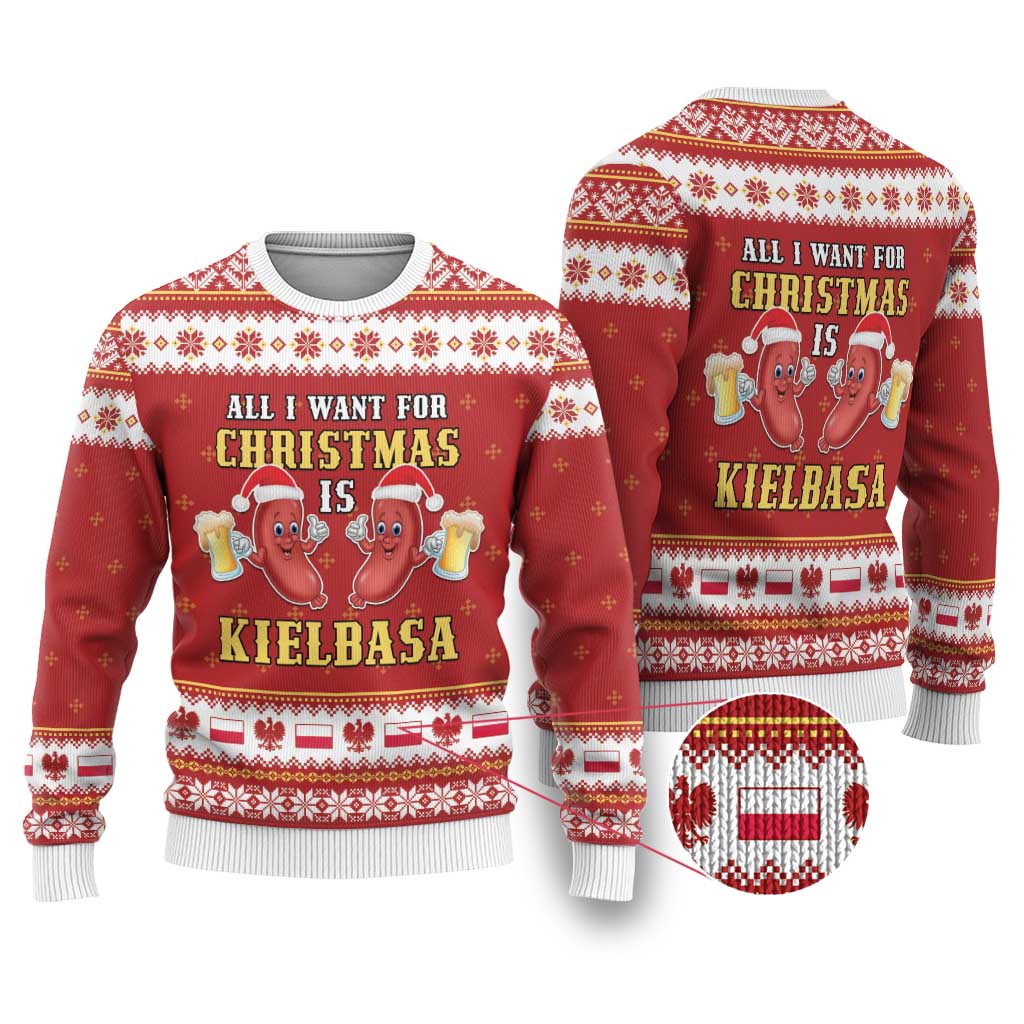 Red ugly Christmas sweater with kielbasa graphic and fair isle trim