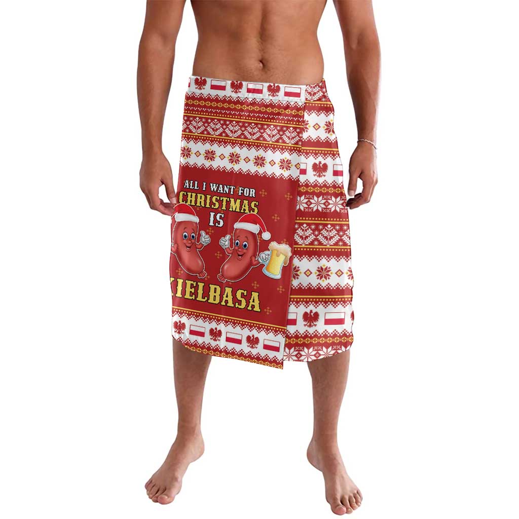 Red Christmas sarong skirt with large Kielbasa text and cartoon
