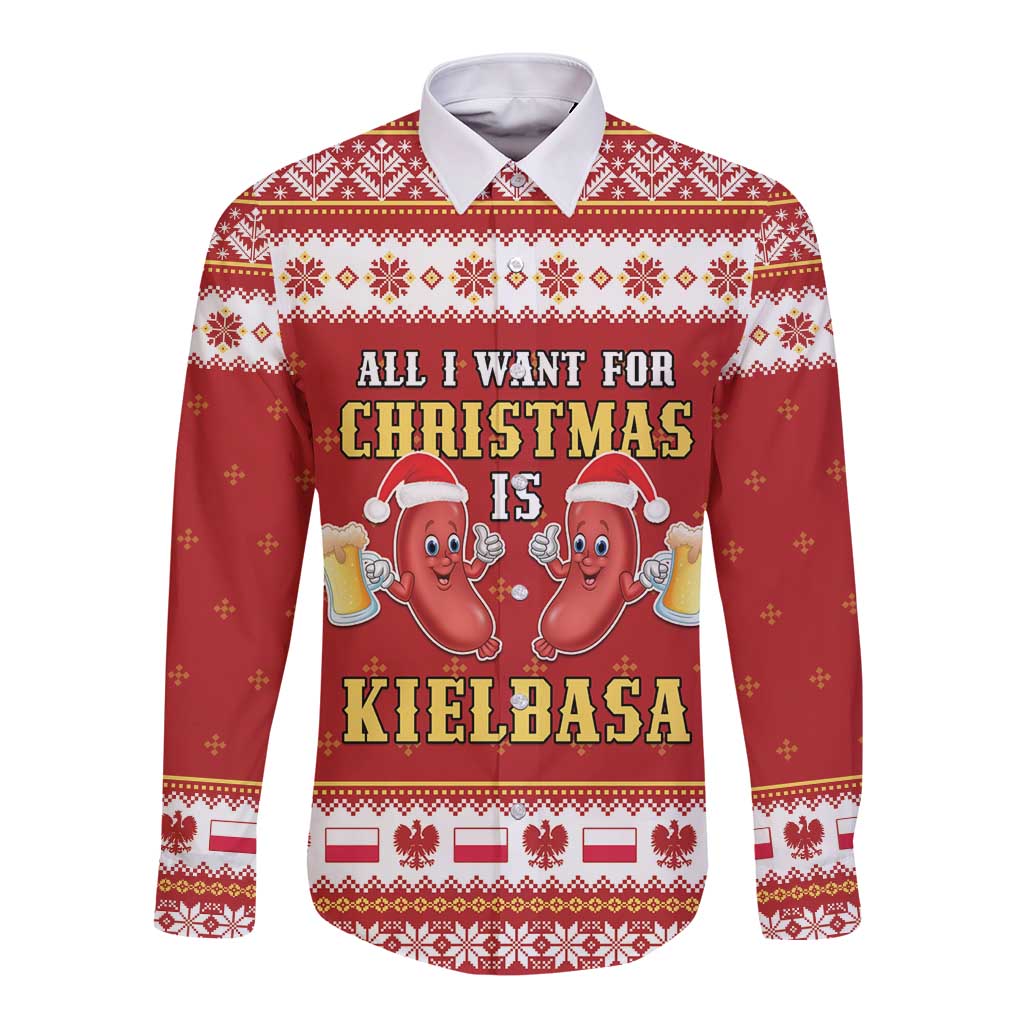 Red long sleeve button shirt with festive kielbasa graphic and patterned trim