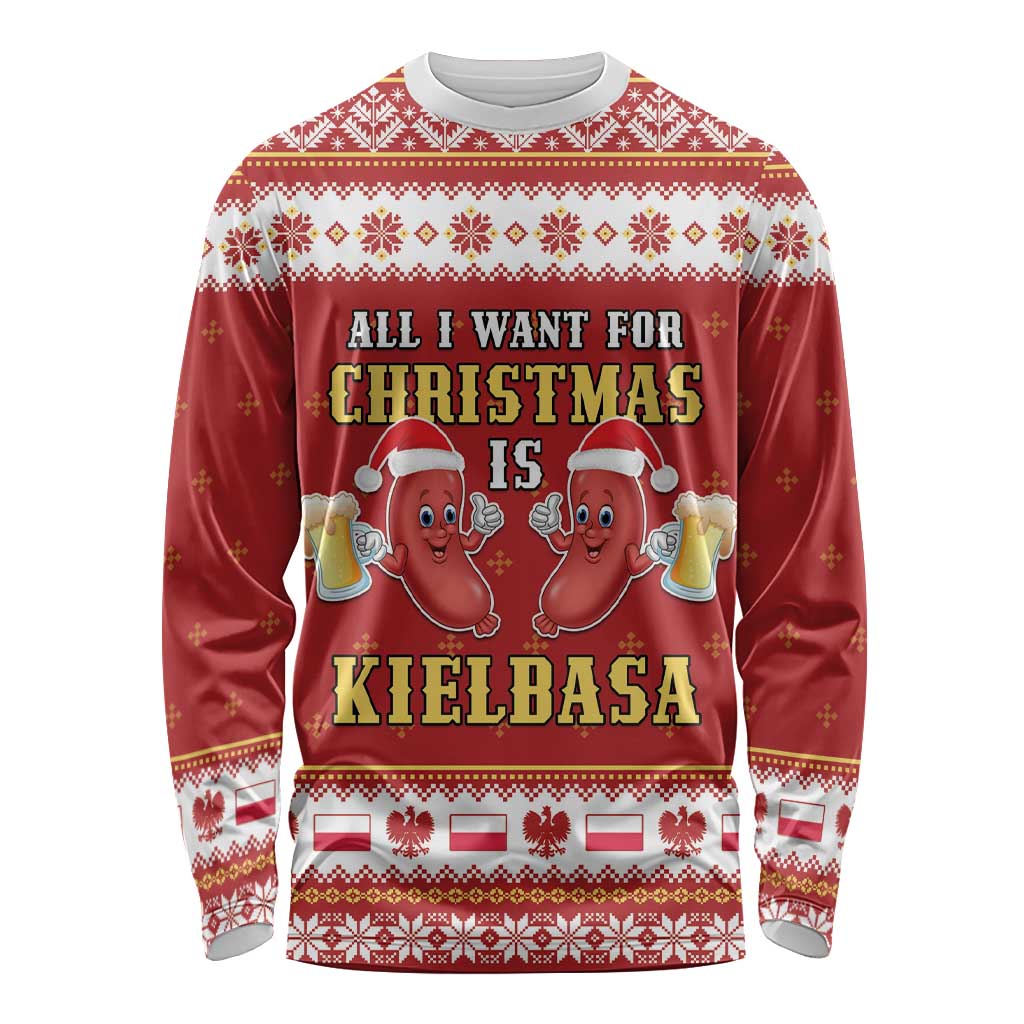 Red unisex long-sleeve Christmas shirt with sausage character graphic and Kielbasa text