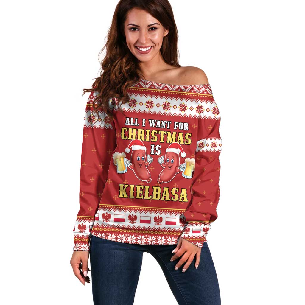 Women’s red off-shoulder holiday sweater with long sleeves, festive kielbasa graphic