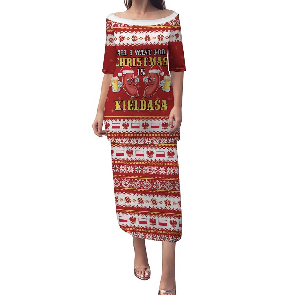 Red long off-shoulder dress with festive Kielbasa text, characters, and patterned hem