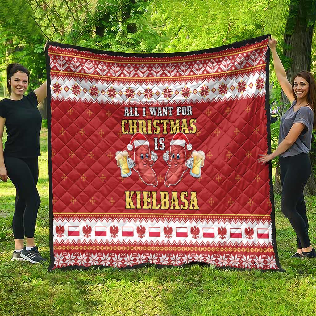 Red Christmas quilt with diamond stitching and festive sausage graphic in center