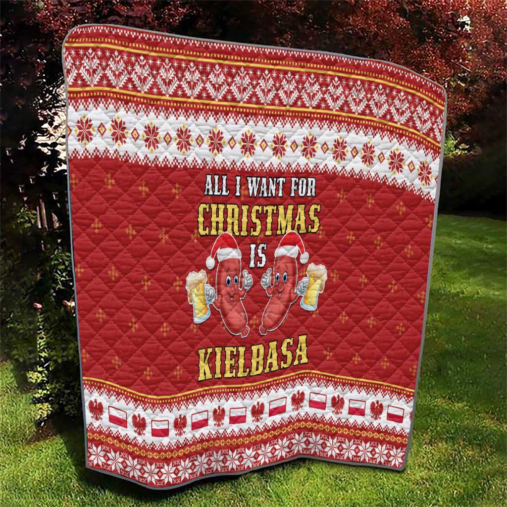 Red Christmas quilt with patterned border and cartoon sausage graphic with text