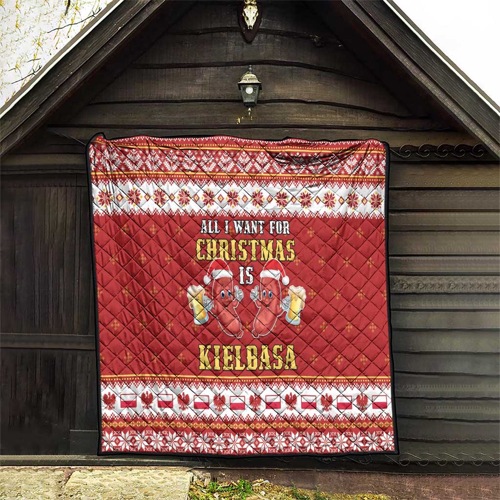 Red Christmas quilt hanging on wall with diamond quilting and sausage characters