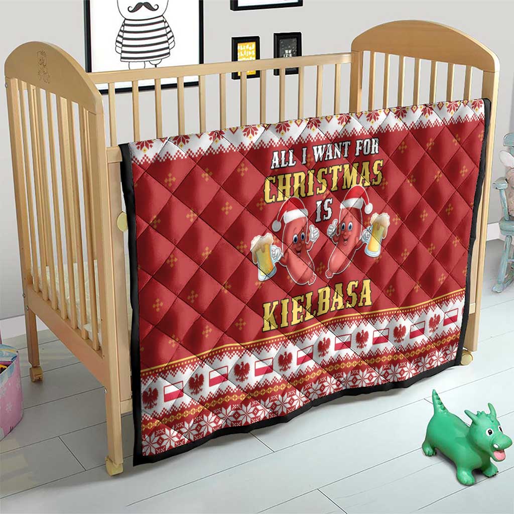 Red Christmas quilt in wooden crib with diamond quilting and sausage holiday graphic