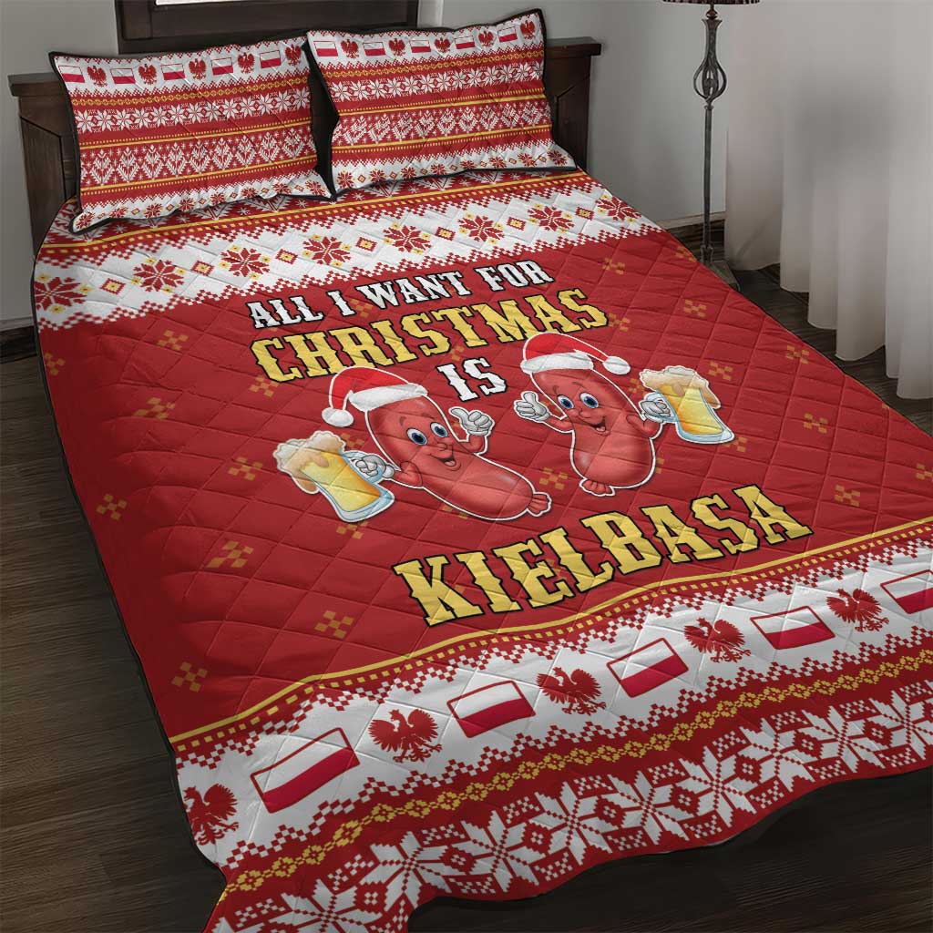 Red Christmas quilt bed set with sausage characters and holiday patterns, pillow pair