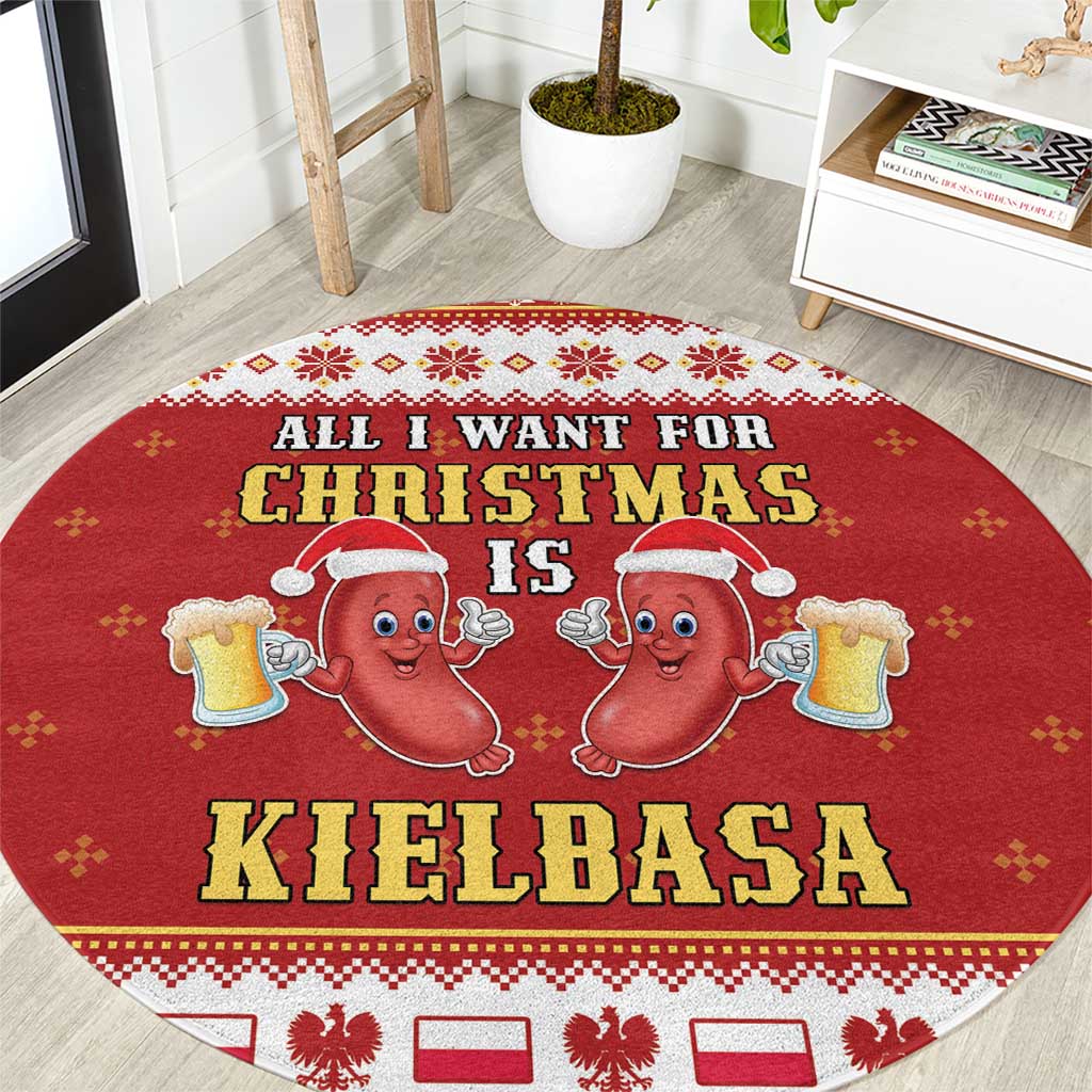 Red round Christmas rug featuring “Kielbasa” text and smiling sausage characters