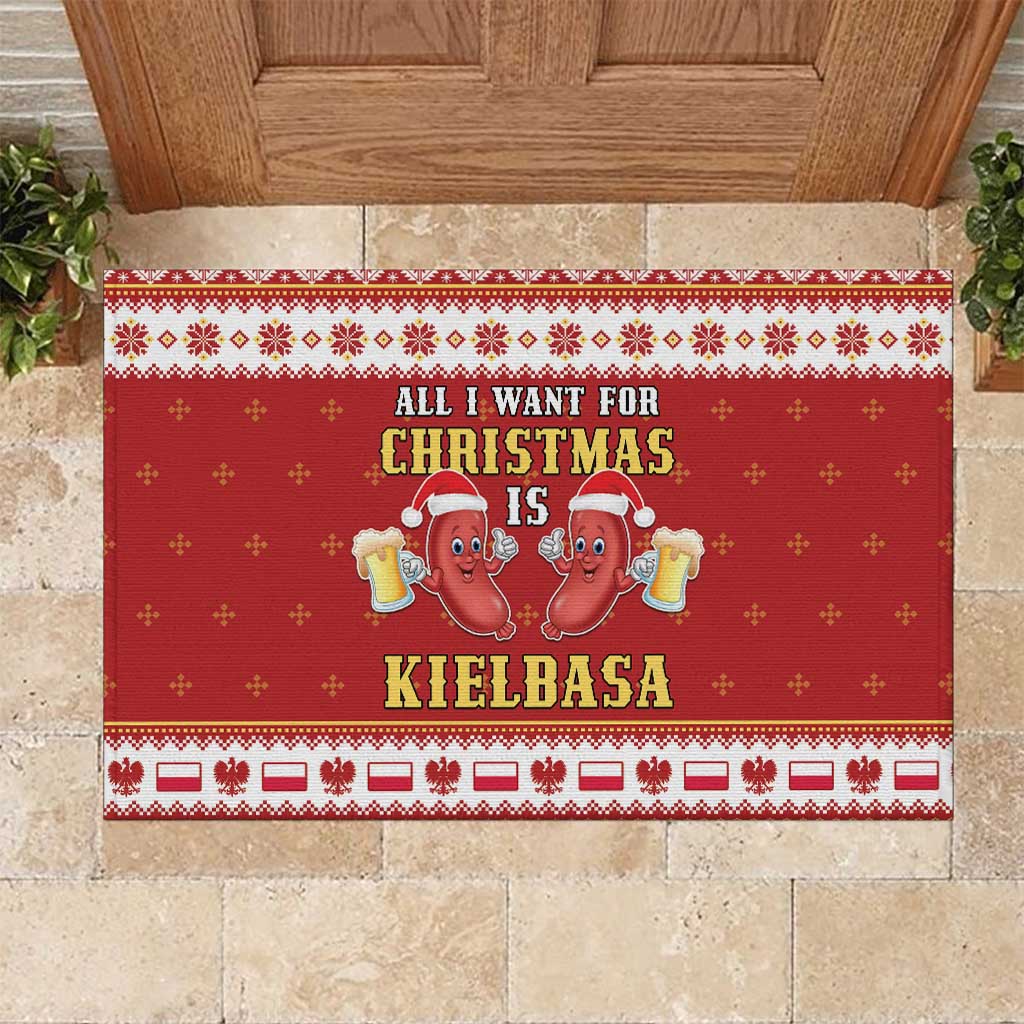 Red rubber doormat with festive border, sausage graphic, and “All I Want For Christmas Is Kielbasa”